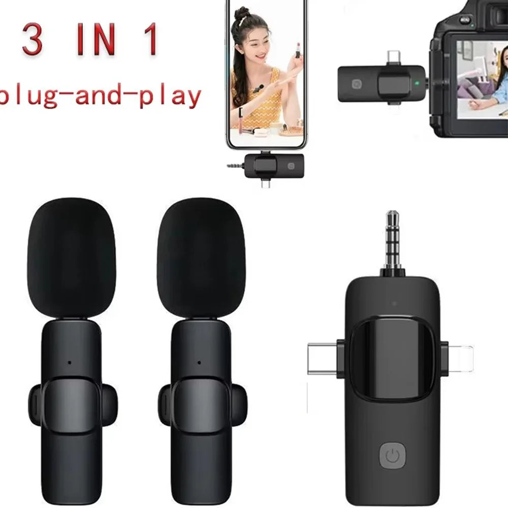 3In1 Wireless Microphone for Iphone Android Cameras Wireless Microphone for Interviews Vlog Noise Cancelling Lavalier Microphone